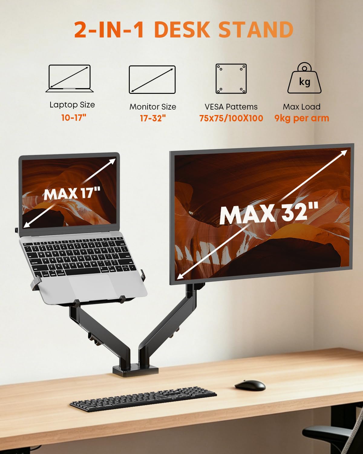 PUTORSEN Supporto Monitor Braccio con Vassoio per Laptop, Regolabile Supporto per Notebook per Schermi LED LCD da 17 a 32 Pollici o Notebook Fino a 17 Pollici, Peso 9 kg,2 Tipi di Installazione