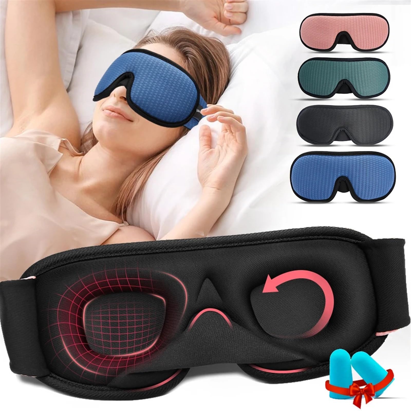 Masque De Nuit Soie Masque de sommeil 3D bloquant la lumière, masque for les yeux en mousse à mémoire forme, aide au voyage rembourré doux pour dormir la nuit(2PC-Black)