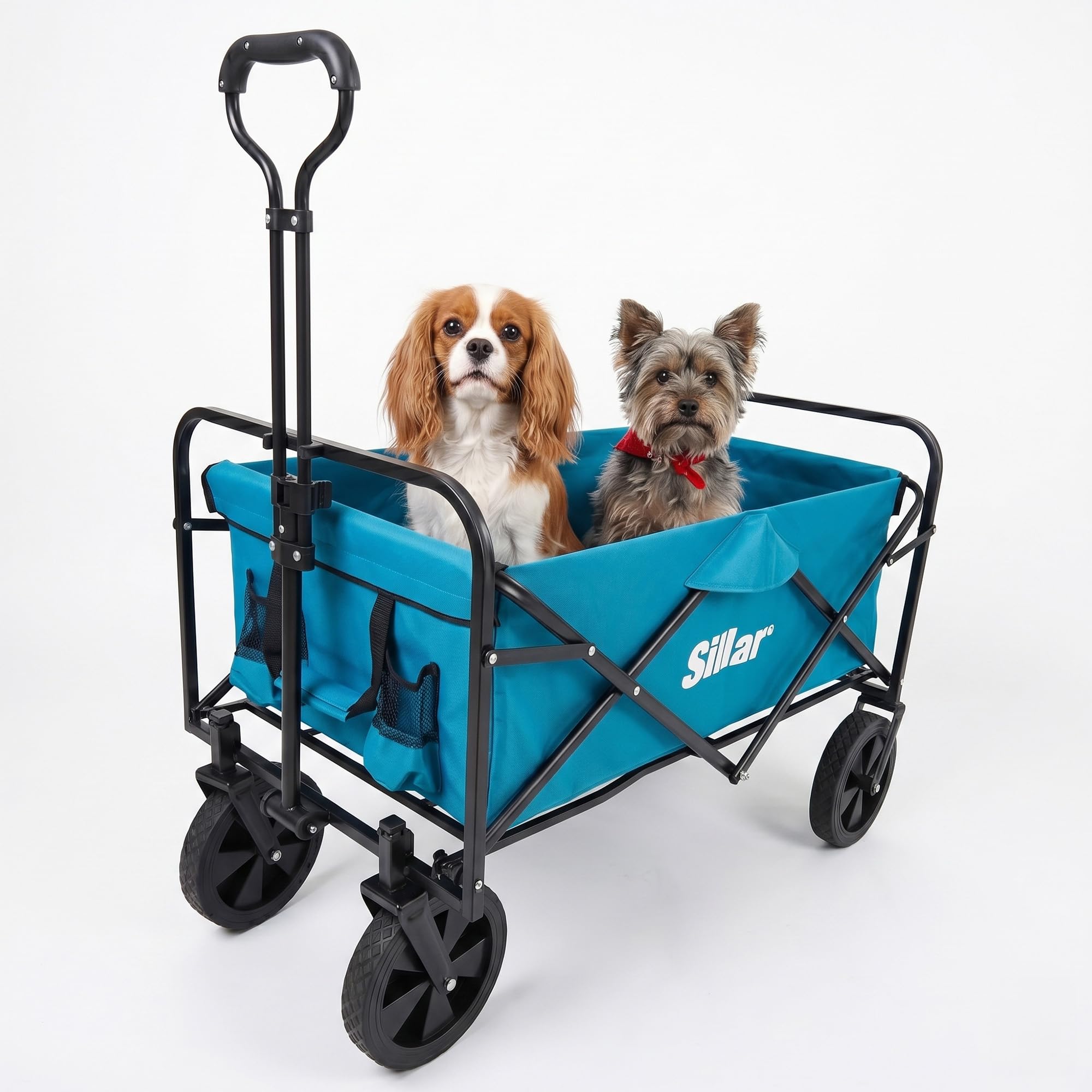 Sillar Carrello pieghevole da giardino, compatto con maniglia, 4 ruote in PVC rinforzato, capacità di carico fino 80 kg, per esterni, giardino, 100 l, 2 tasche aggiuntive per bevande sul davanti, blu