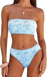 ZAFUL Bikini Set for Women Strapless Textured Bandeau Bikini Two Piece Swimsuit Lace up Bathing Suits Price In India