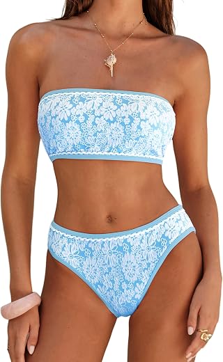 ZAFUL Bikini Set for Women Strapless Textured Bandeau Bikini Two Piece Swimsuit Lace up Bathing Suits