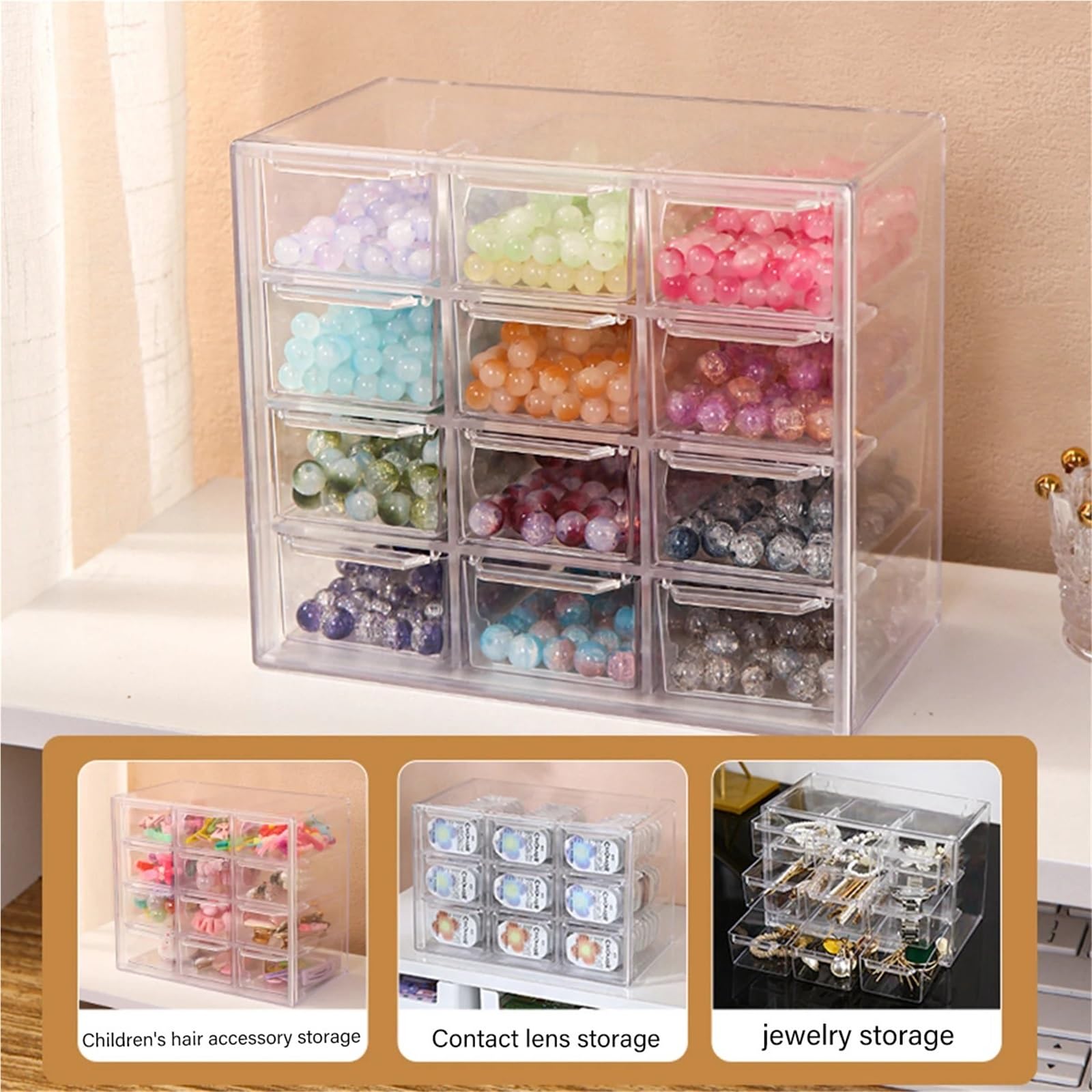 Organisateur de tiroir Boîte de rangement perles empilable, style tiroir multifonctionnel à grille 6/9/12, boîte d'exposition bijoux bureau en acrylique transparent 1 pièce(12gird-transparent)
