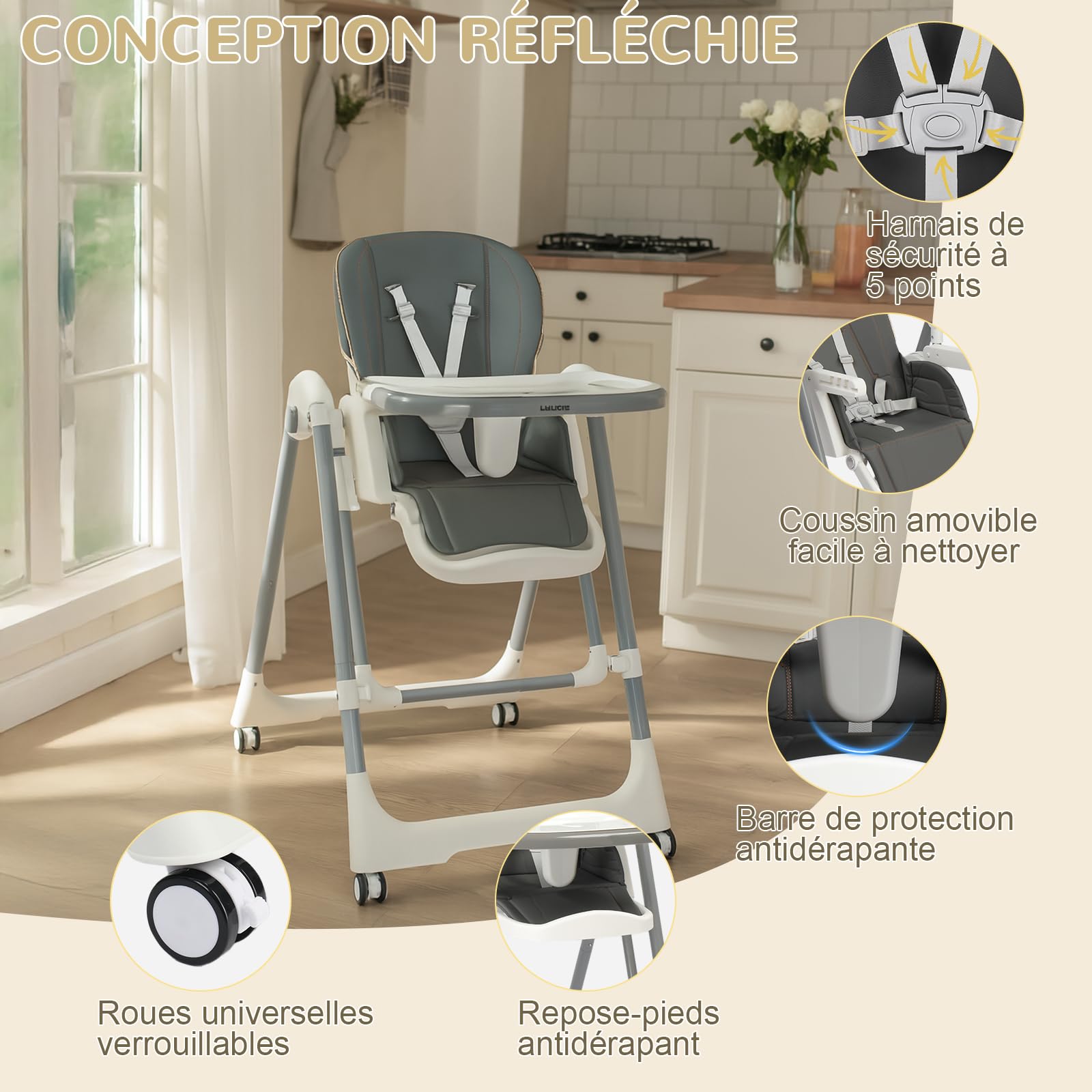 LEADZM Chaise Haute Bébé Pliable, 6 Hauteurs Réglables, Plateau Double Amovible, avec Roulettes Pivotantes, Charge Maximale 15 kg, Convient aux Bébés de 6 à 36 Mois (Gris)