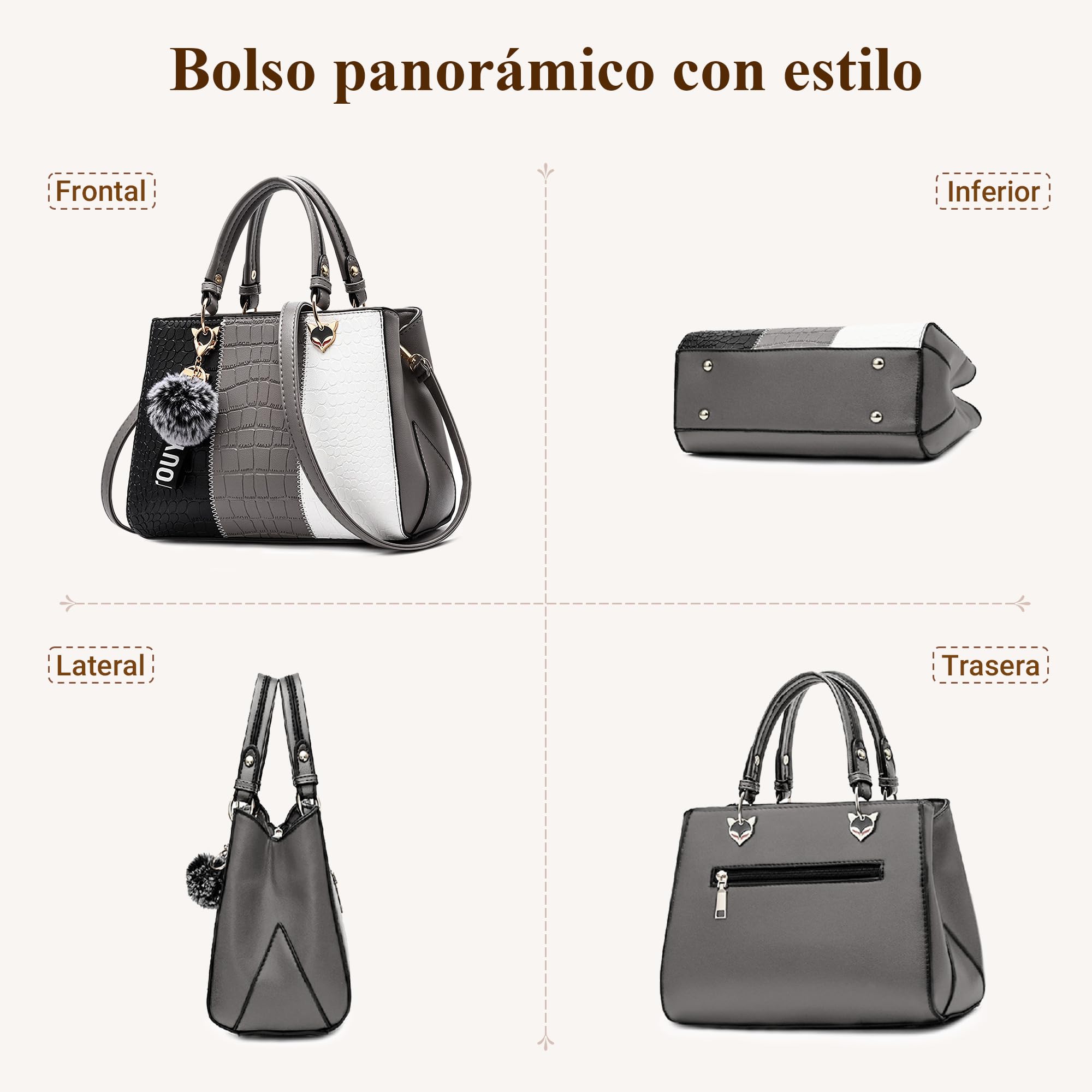 DIRRONA Bolso de Mano Mujer – Bolso en Piel PU con Diseño Color Block Tricolor y Colgante de Pompon, Tote de Hombro y Bandolera para Trabajo, Viajes y Uso Diario Gris Moderno