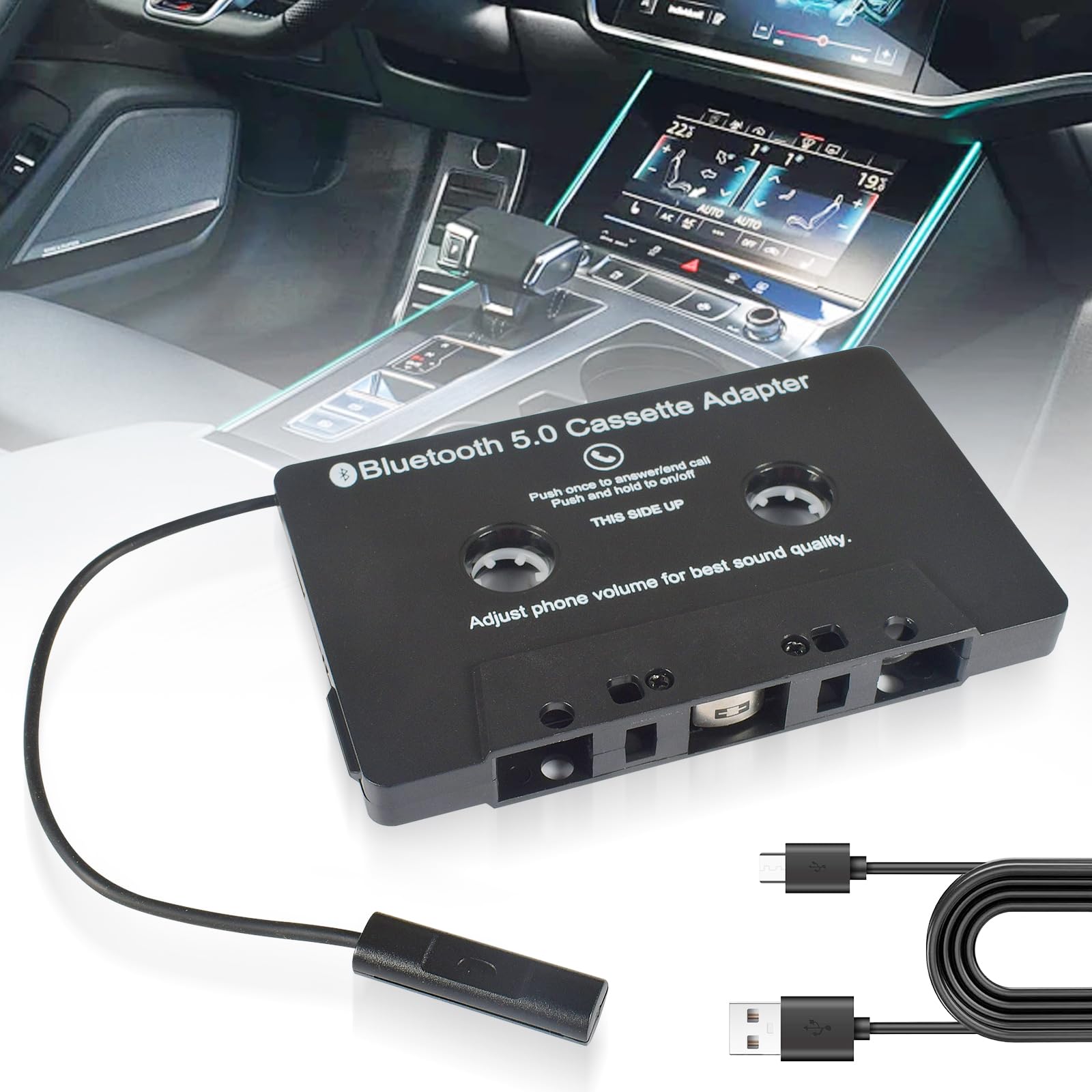 Funmo Adaptateur de Cassette Audio pour Voiture, récepteur de Cassette Bluetooth 5.0, Adaptateur auxiliaire de Cassette Audio pour écouter la Musique du téléphone Portable et la Voix de la Voiture