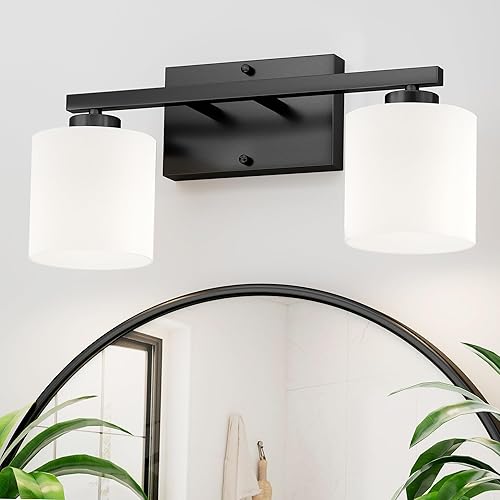 Miniatura 9 de Honesorn Luces modernas de tocador, 2 lámparas de baño negras claras con pantalla esmerilada, montaje en pared E26, antioxidante