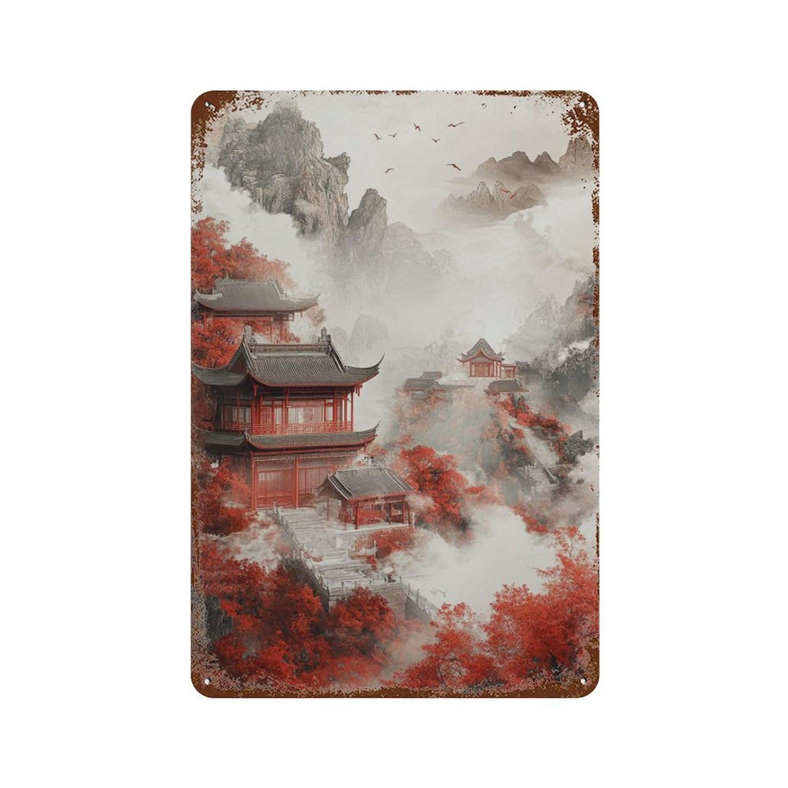 xiaoxiaoshen Red Temple Mountain Landscape Misty Asian Pagoda Dramatic Oriental Nature Wall Decor Art Metal Tin Poster Modern Home Decor Art Home Bar Shop Decorations Vintage Sign 30x20cm
