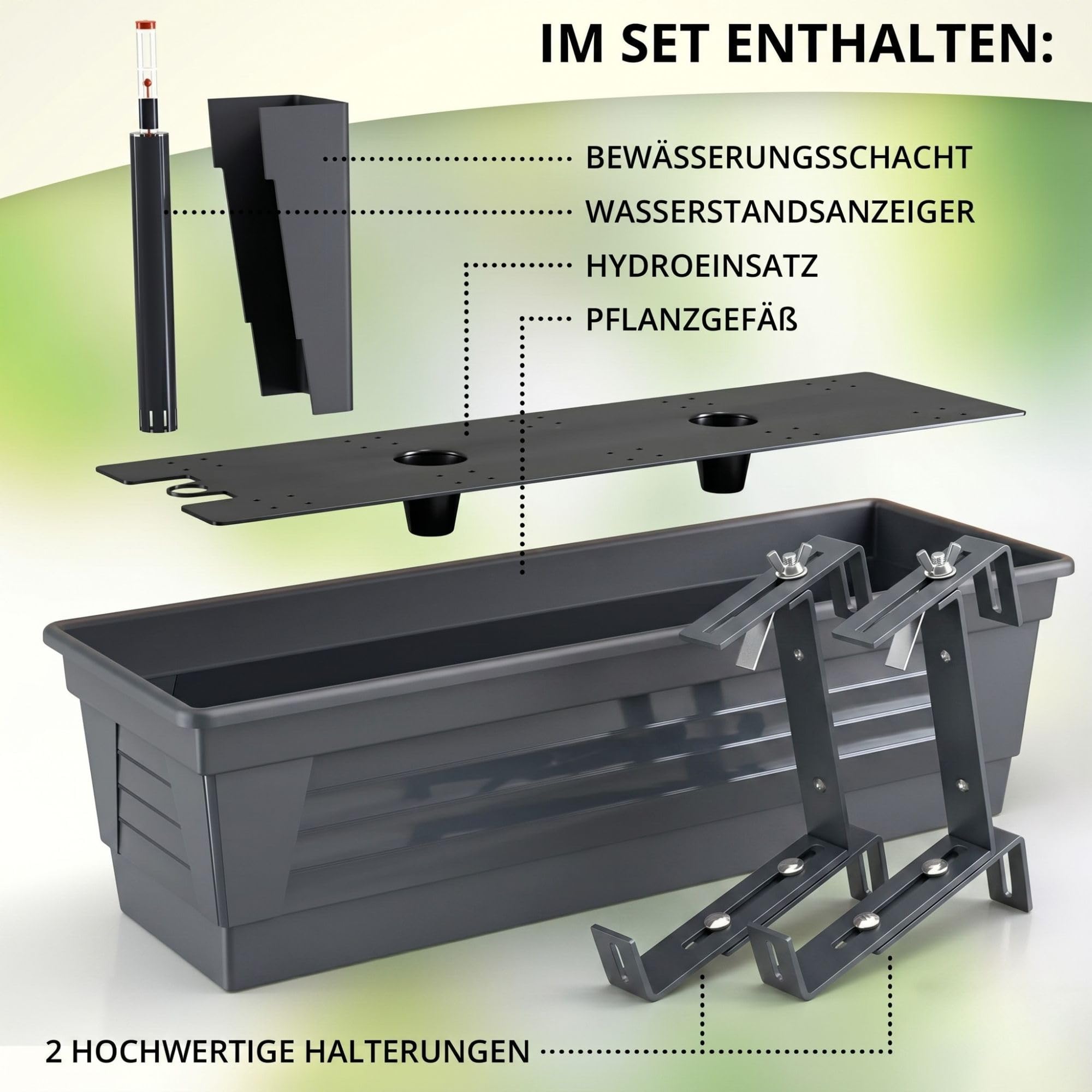 Plastard Blumenkasten 80 cm Anthrazit selbstwässernd Pflanzkasten | robuste Metallhalterung - Witterungs- UV- & frostbeständig Pflanzkübel für Balkon, Garten & Terrasse mit Wasserstandsanzeiger