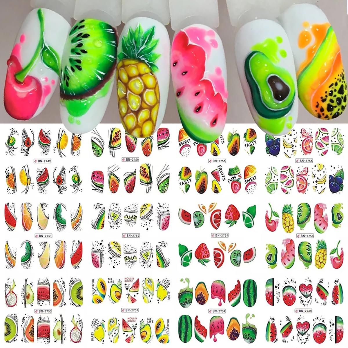 12 Sheets Summer Nail Art Stickers Watermelon Pineapple Kiwi Fruit Water Transfer Nail Decals Colorful Nail Stickers Cute Nail Art Supplies for Women Girls