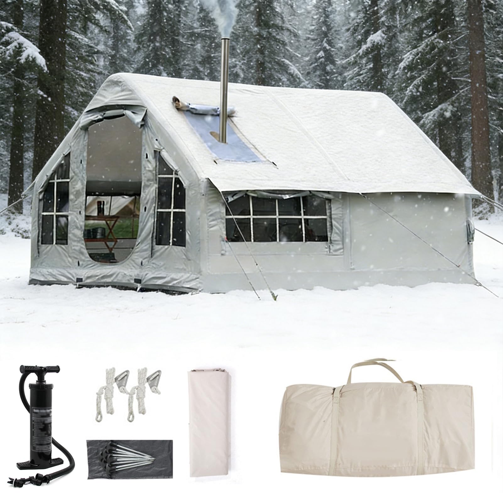 XJZHANG Glampingzelt Familienzelt Aufblasbar Luftzelt Groß XXL Outdoor, Aufblasbare Zelte Kaminauslass mit Ofen Luxuszelt Mit Pumpe Für 4 6 8 Personen Quick Setup Inflatable Air Tent Sport & Freizeit