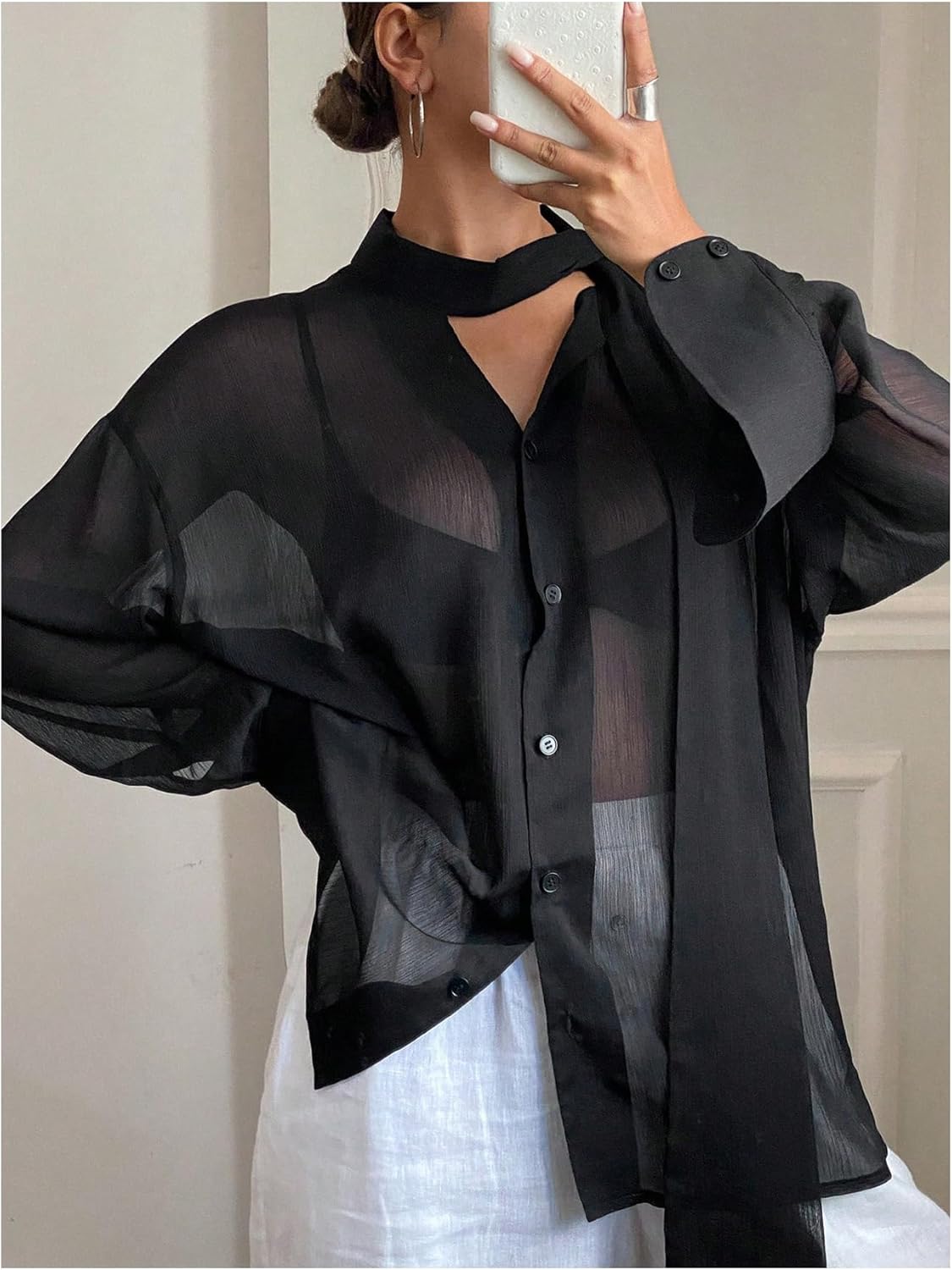 Women's Sheer Mesh Blouses Knot Front Button Down Shirts Long Sleeve See Through Tops - Image 4