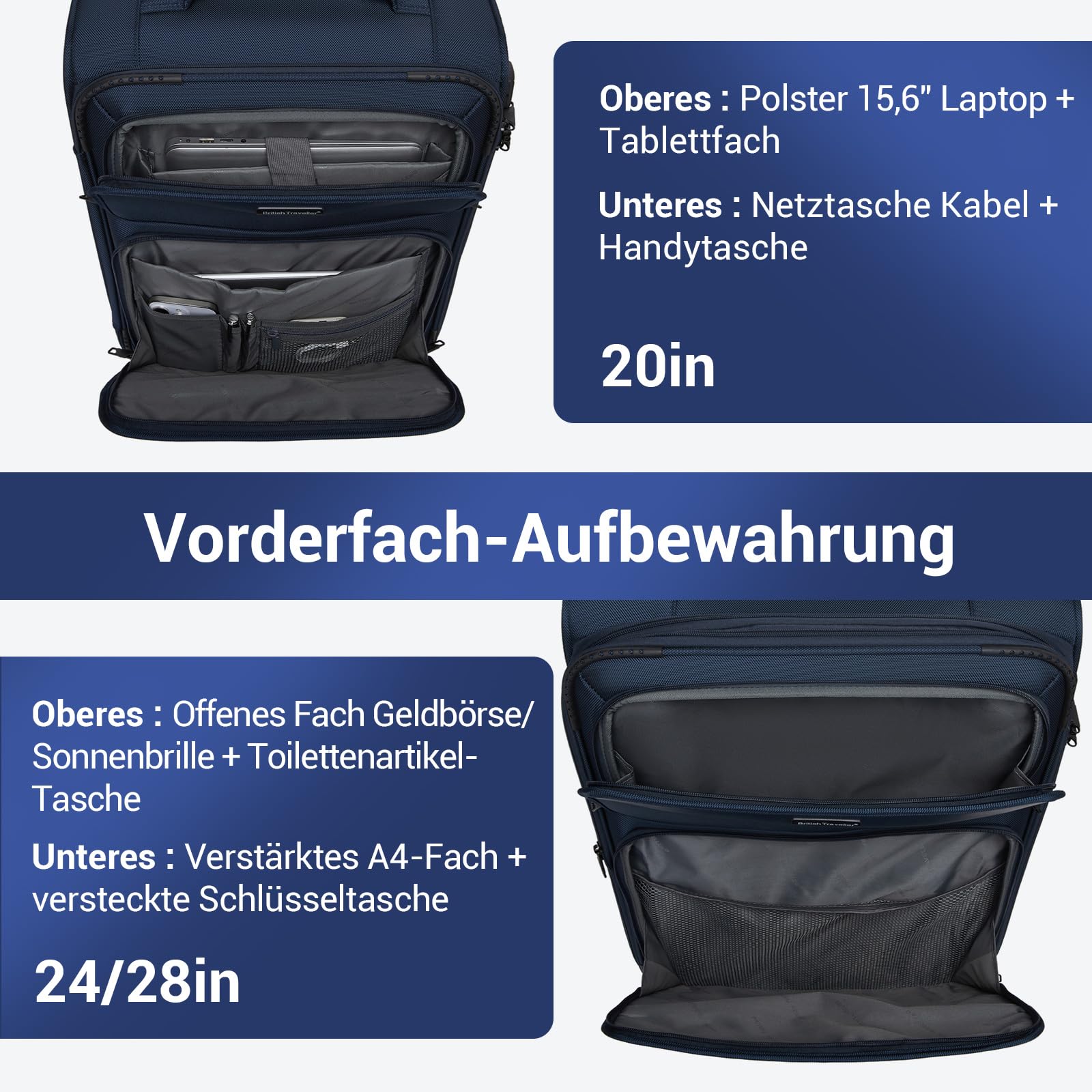 British Traveller Erweiterbarer Koffer Groß für Familienreisen, 100L Stoff Reisekoffer mit Volumenerweiterung,4 Rollen Koffer Trolley mit TSA Schloss,79.5x49x32.5 cm (Blau)