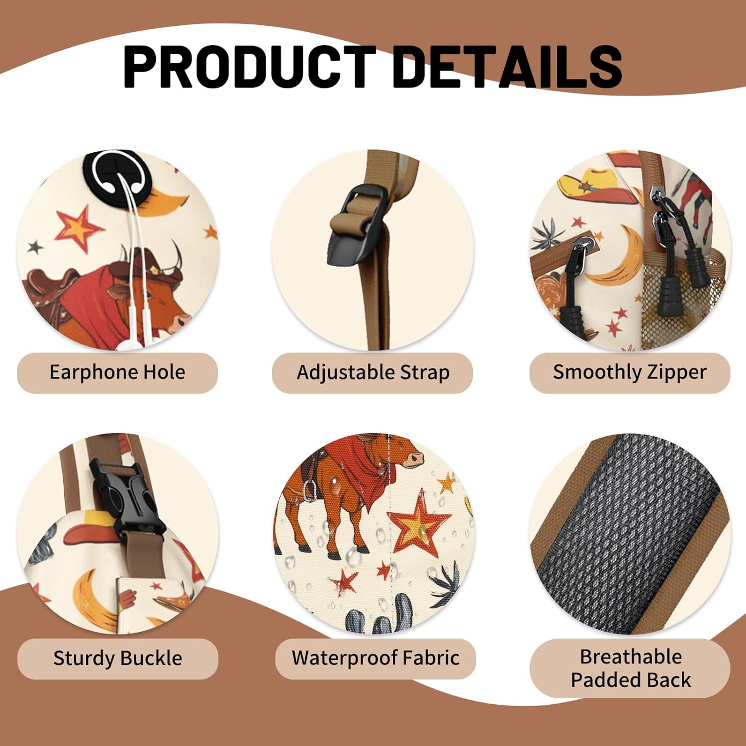 Brown Western Sling Bag Crossbody Chest Bag for Women Men, Water Resistant Lightweight Casual Crossbody Bag with Adjustable Strap, Travel Hiking Daypack Shoulder Backpack