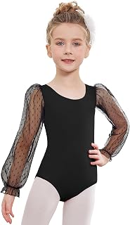 Gymnastics Leotards for Girls Polka Dots Mesh Long Sleeve Ballet Dance Outfit Toddler Size 3-11 Years