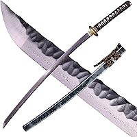 Vista 1 de Katana hecha a mano, espada japonesa de samurái, acero de Damasco, acero T10 de alto contenido de carbono templado en arcilla, espiga completa