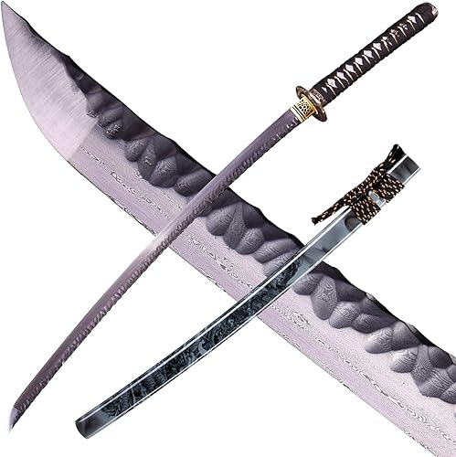 Katana hecha a mano, espada japonesa de samurái, acero de Damasco, acero T10 de alto contenido de carbono templado en arcilla, espiga completa