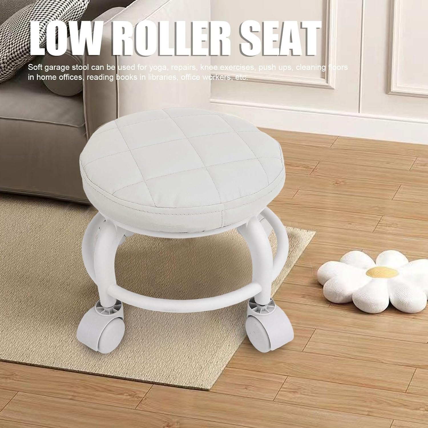 Low Roller Stool, 9.84 x 1.97 x 9.06in PU Leather Seat Mute Wheel 360° Swivel Round Chair Universal Caster Sitting for Home, Office, Garage, Shop (White)