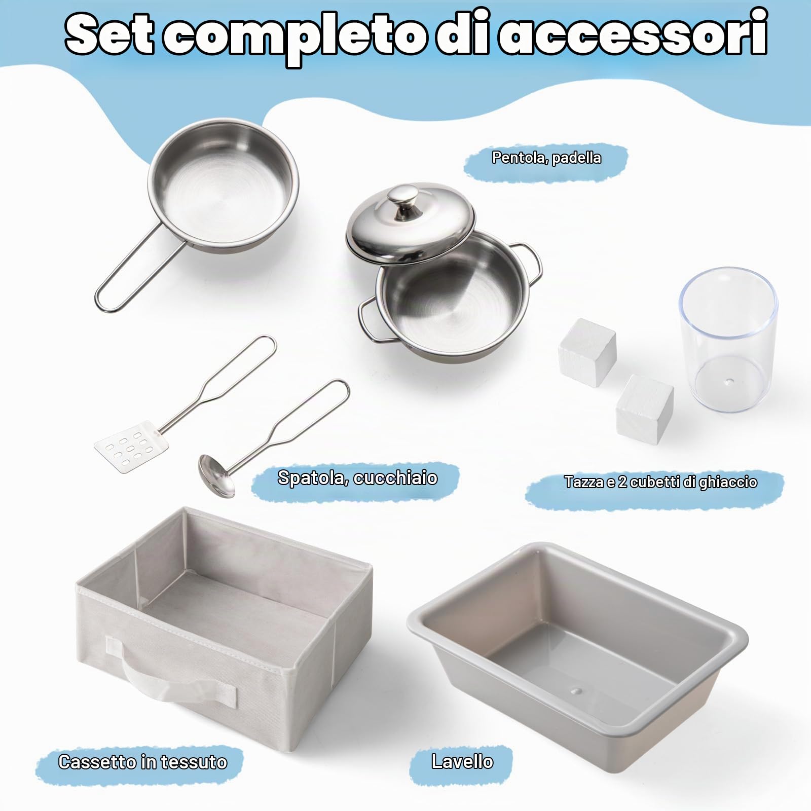 HOMASIS Cucina per Bambini in Legno, Cucina Giocattolo con Microonde Illuminato, Fornello, Forno, Lavandino, Macchina per il Gelato, Lavagna, 8 Accessori e Cestini, per Bambini dai 3 Anni, Bianco