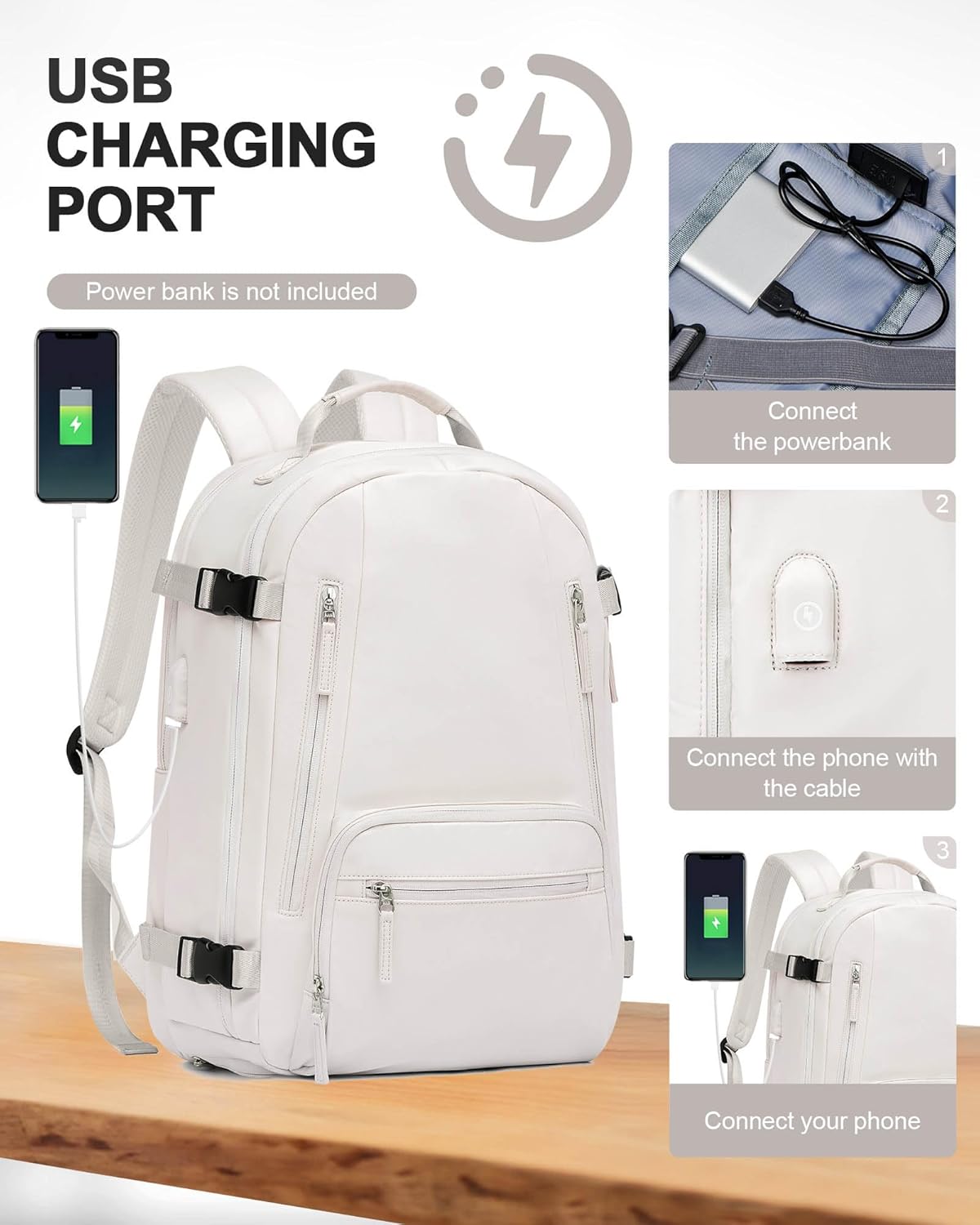 Travel Backpack for Women Men, Waterproof Carry on Backpack for Flight Approved Personal Item Bag, Business Laptop Backpack with USB Charging for Hiking Gym with Shoe Compartment Casual Daypack White