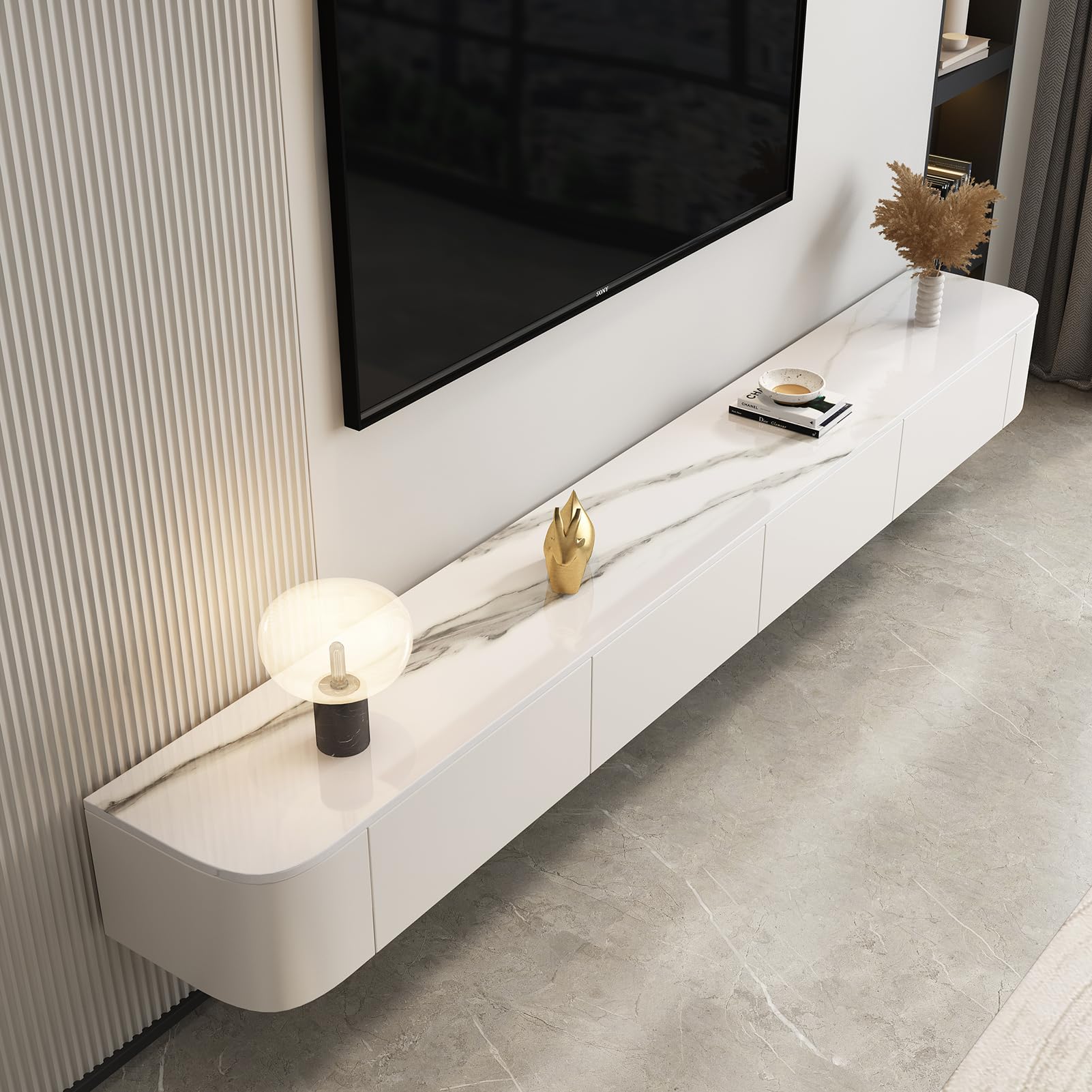 Sobstkeo Floating TV Stand Wall Mounted TV Cabinet Floating Shelves with Door Entertainment Media Console Solid Wood Modern Living Room Round Corner