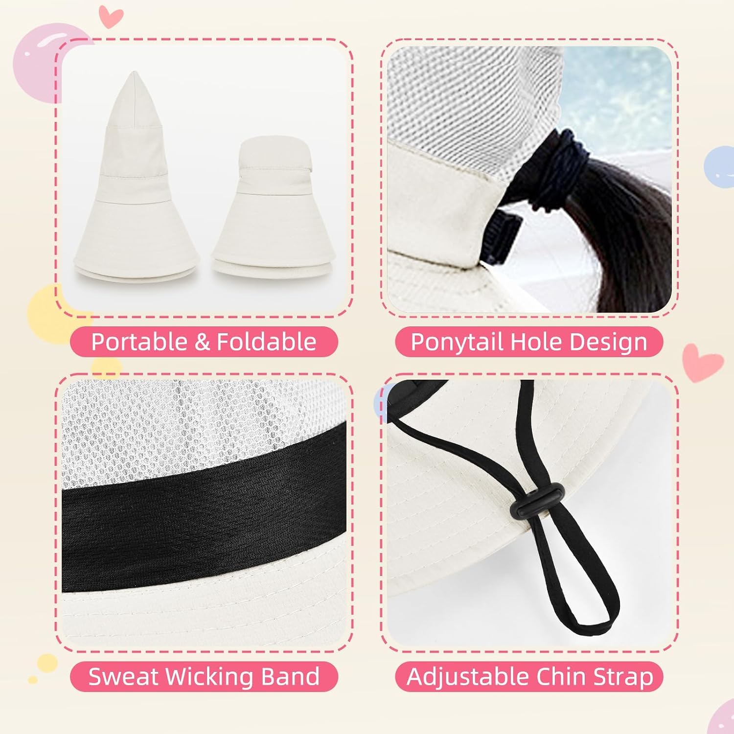 Kids Girls Ponytail Sun Hat UPF 50+ UV Protection Quick Dry Bucket Cap Adjustable Foldable Mesh for Beach Fishing Outdoor