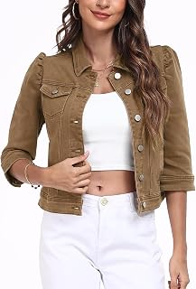 Women's Jean Jacket Cropped Denim Jacket Stretchy 3/4 Puff Sleeve Distressed with Pockets