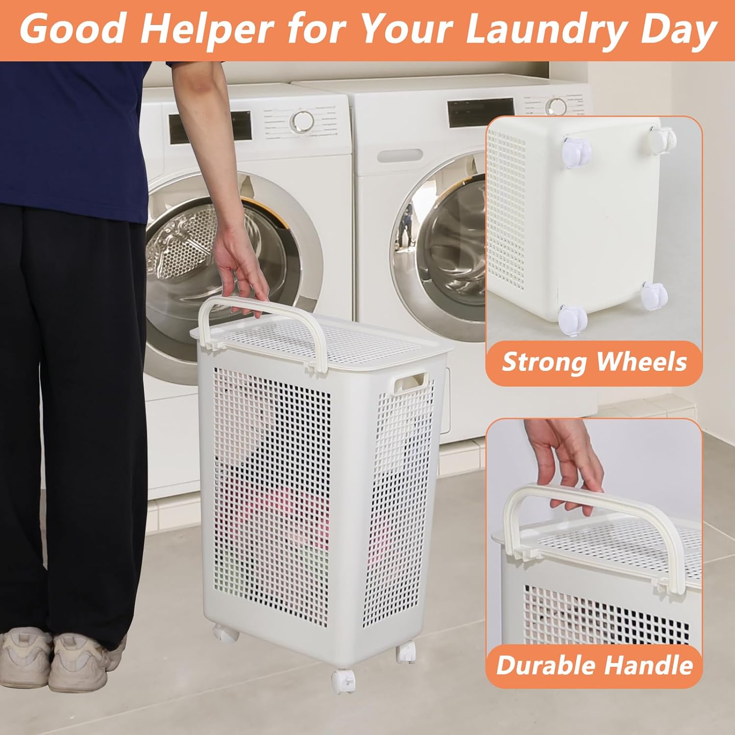 65 L Plastic Laundry Hamper with Wheels, 4 Pack Dirty Clothes Baskets with Lids, White