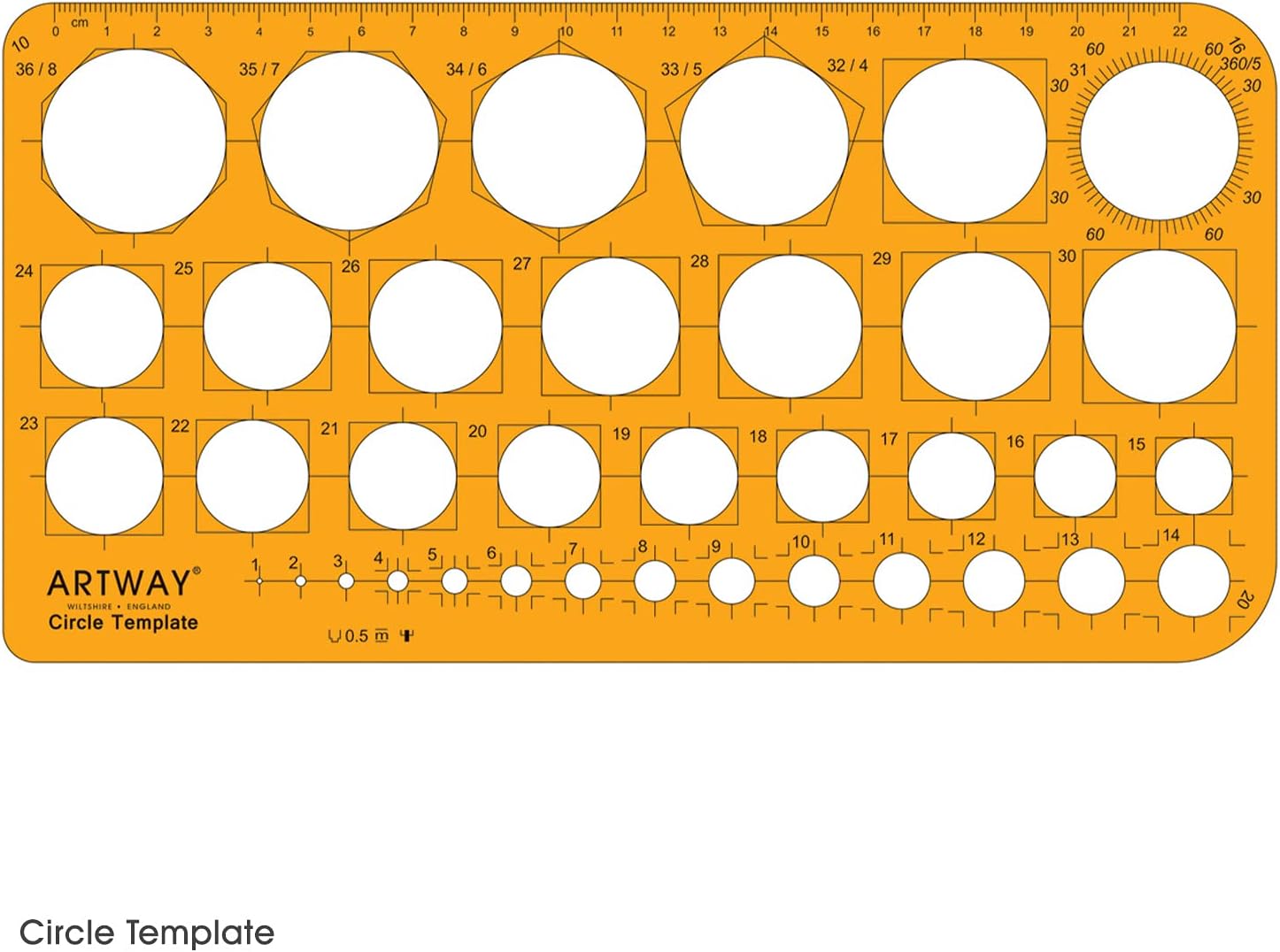 Artway Circle Template - Shatter Proof - 36 Metric Circles and a 22cm Ruler