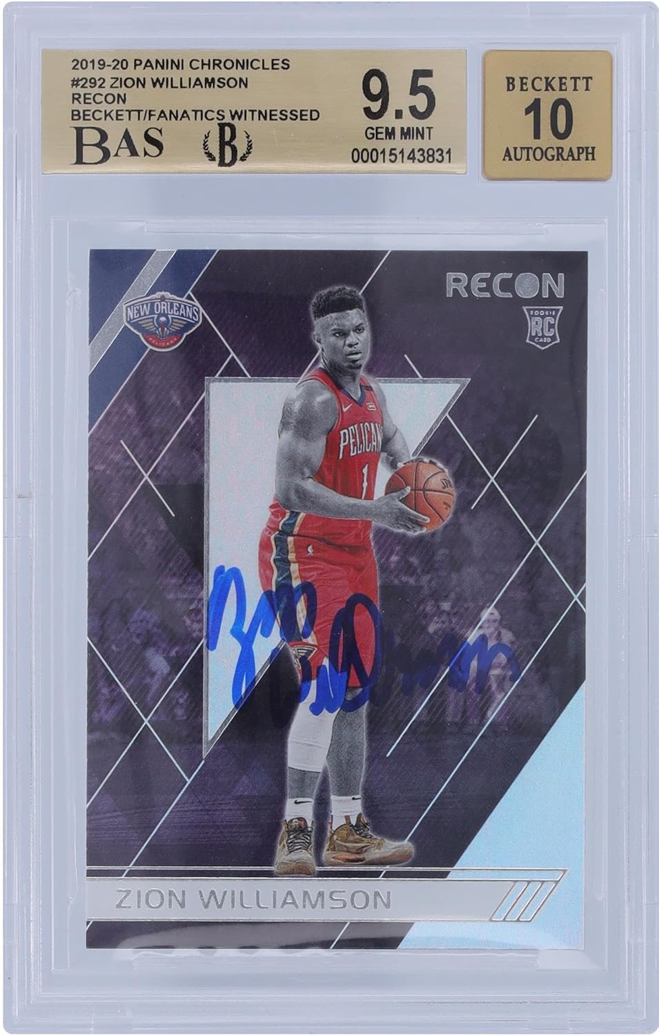 Zion Williamson New Orleans Pelicans Autographed 2019-20 Panini Chronicles Recon #292 Beckett Fanatics Witnessed Authenticated 9.5/10 Rookie Card - Basketball Slabbed Autographed Rookie Cards