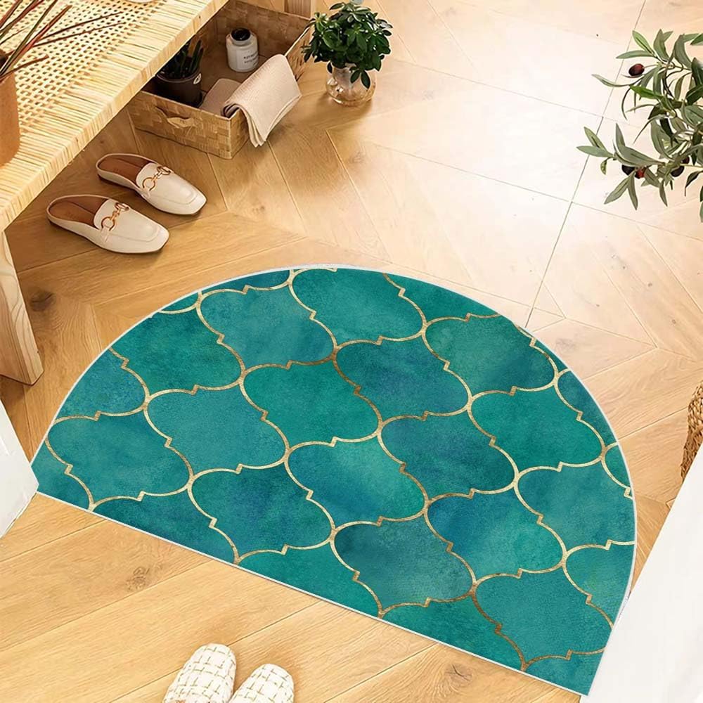 EMMTEEY Half Circle Door Mat 24X36Inch Doormat Indoor Entrance Vintage Teal Gold Abstract Geometric Half Moon Bath Mat Non Slip Washable Mat for Garage Patio Kitchen Laundry High Traffic Areas