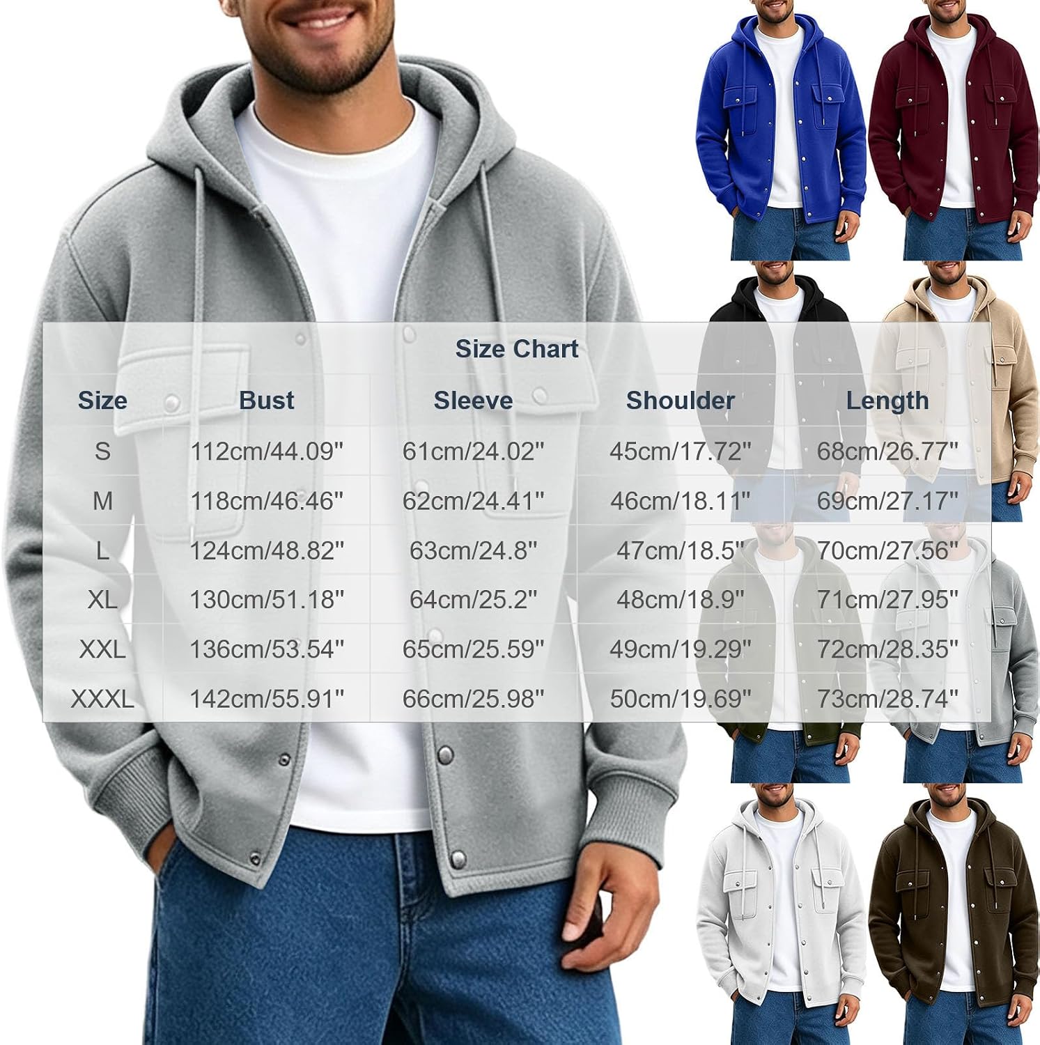 Mens Button Down Hooded Sweatshirt Drawstring Long Sleeve Coat