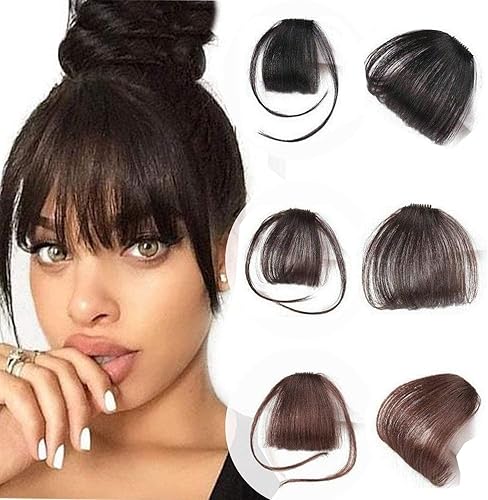 Glamza Clip en fleco frontal con fleco "Big Bang" para mujer, disponible en negro, marrón oscuro o marrón claro con o sin patillas (negro (sin