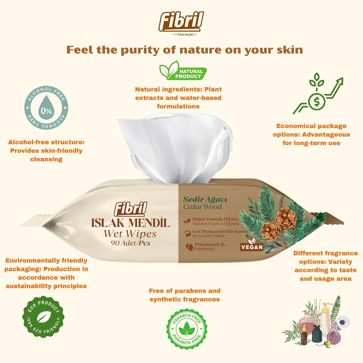 Fibril Multi-Purpose Wet Wipes | Paraben and Alcohol-Free, Hypoallergenic for Sensitive Skin, Flip-Top Packs | Adult, Women's, and Men's Wet Wipes | 90 Count (1 Pack, Cedar Woods)