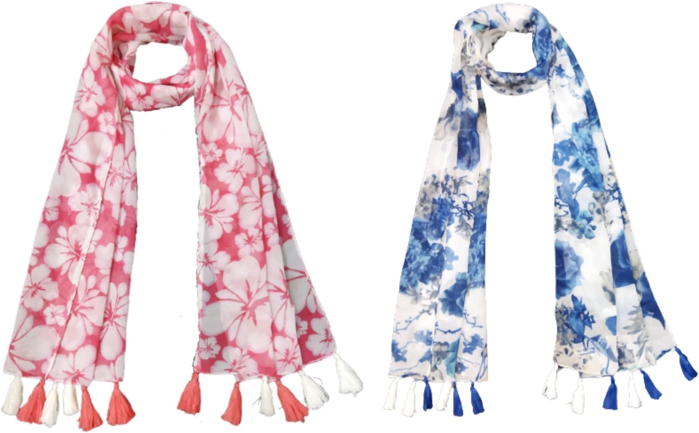 ™ Women's Printed Poly Cotton Multicolored Scarf and Stoles with Pearl Tassels Set Of 2 (ST496)