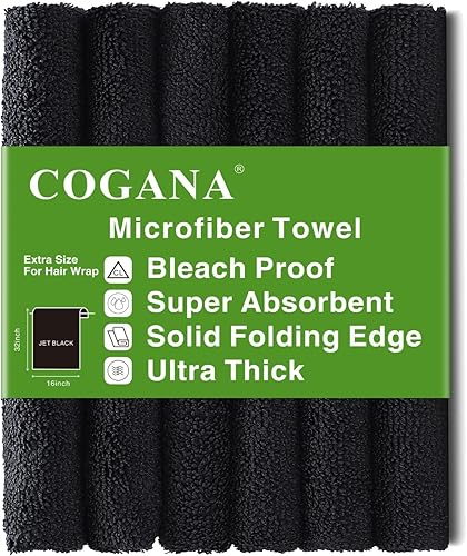 Juego de 6 toallas de microfibra para el cabello, color negro, a prueba de blanqueador, toalla de secado rápido del cabello de 16 x 32 pulgadas,