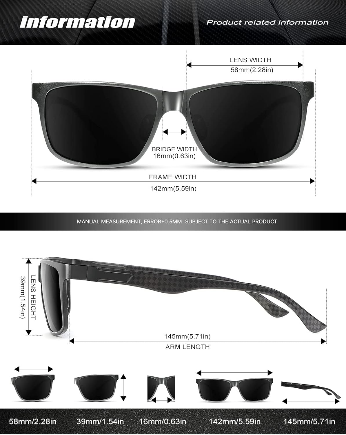 Miniatura 4 de HENGOSEN Sunglasses Men Women, Polarized Sunglasses Rectangle Frame Carbon Fiber Temple Sun Glasses UV Protection