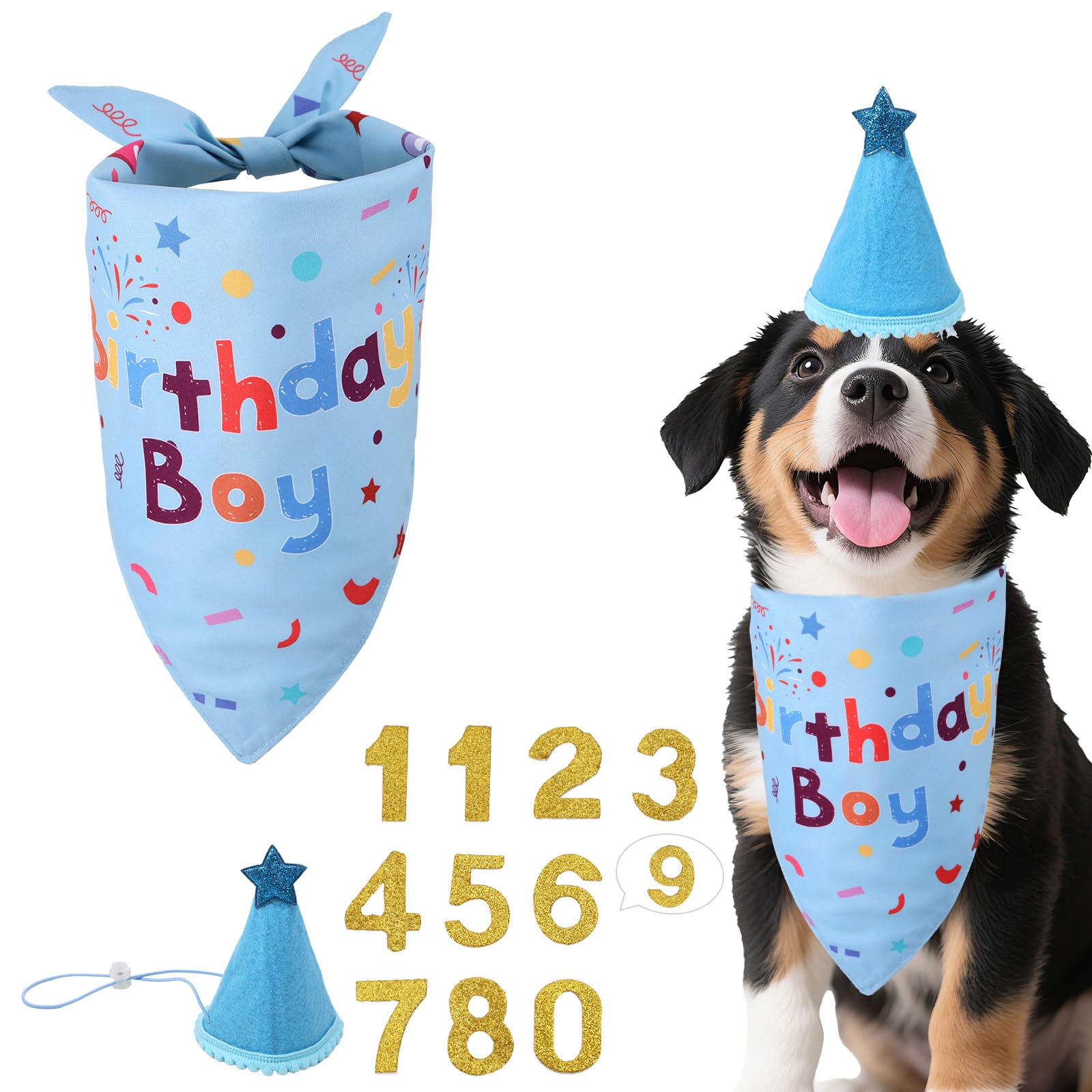 Dog Birthday Bandana Set Boy Dog Happy Birthday Party Decorations Supplies with Adjustable Hat and Glitter Numbers Reusable