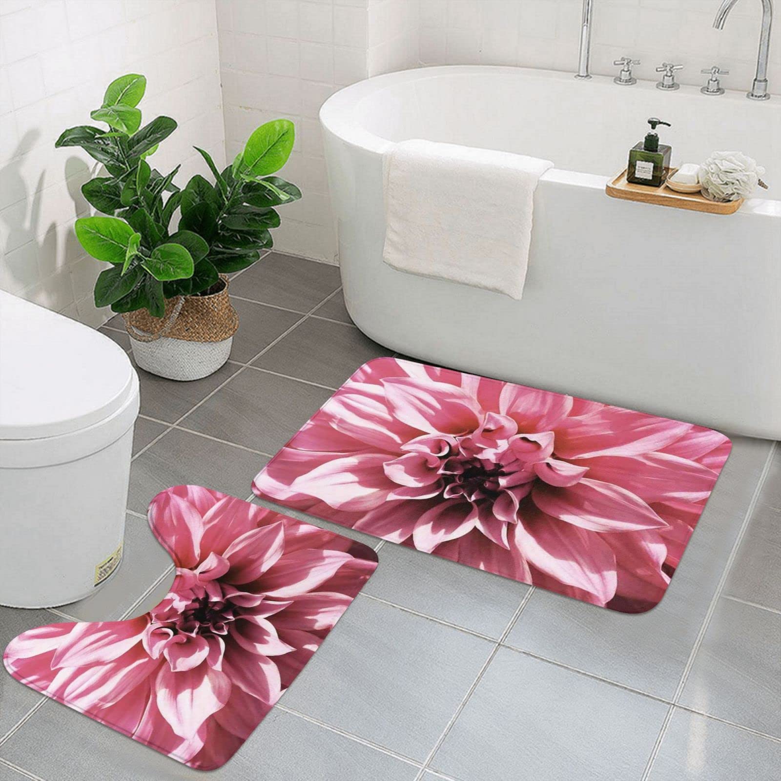 Lot de 2 tapis de bain dahlia rose lavables et antidérapants pour la douche