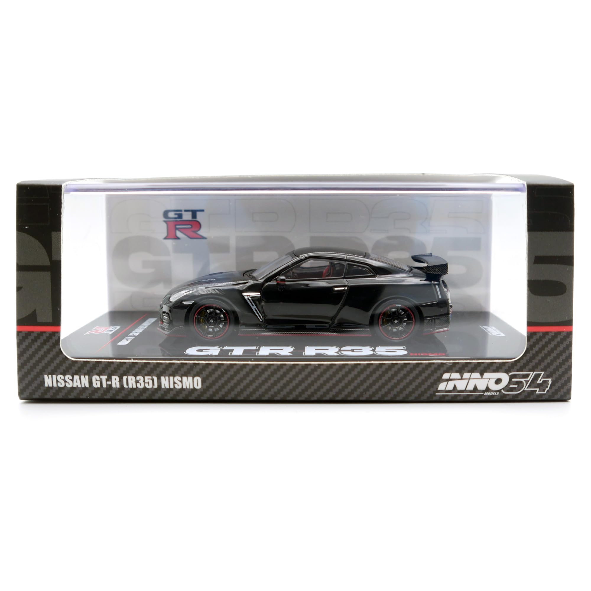Inno Models Inno64 Nissan GT-R (R35) NISMO Modellauto, Schwarz, Maßstab 1:64, Metall, Detailliertes Sammlerstück im Schaukasten