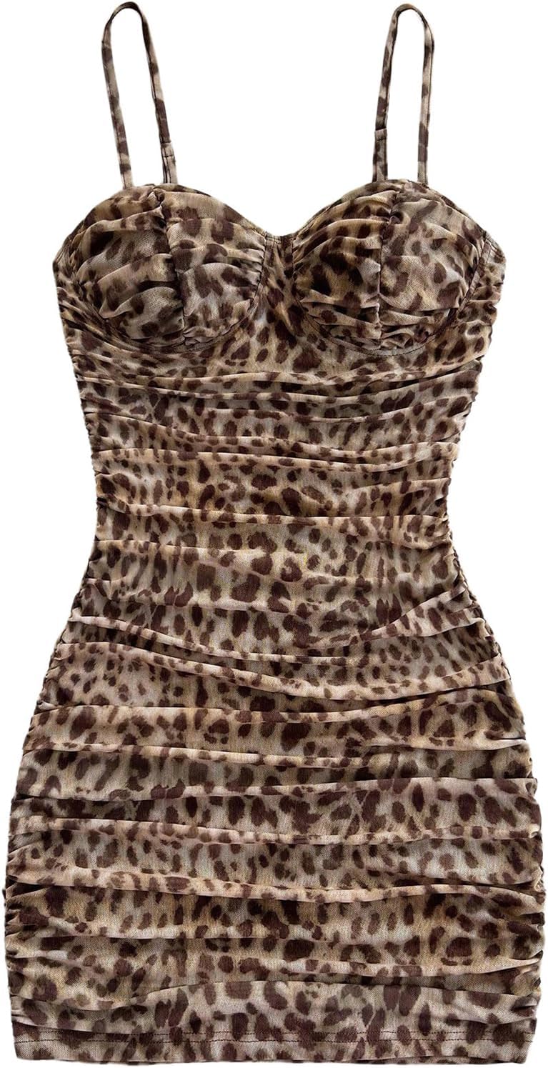 GORGLITTER Women's Cheetah Ruched Bodycon Mini Dress Y2k Leopard Animal Print Open Back Summer Going Out Club Dresses