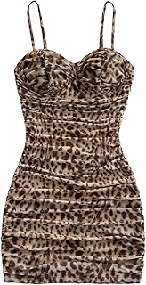 Women's Cheetah Ruched Bodycon Mini Dress Y2k Leopard Animal Print Open Back Summer Going Out Club Dresses