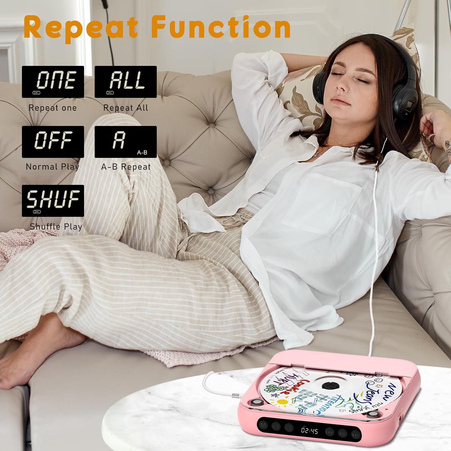 Portable CD Player with Bluetooth, Rechargeable CD Player for Home/Car, Built-in HiFi Speakers, Headphones, LCD Screen, Supports CD/AUX/USB and Repeat Modes, Pink