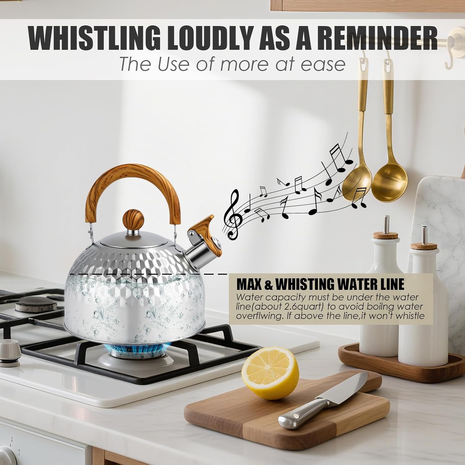 Tea Pot Stovetop 2.5 L Whistling Tea Kettle for Stove Top, Food Grade Stainless Steel Water Kettle with Wood Pattern Handle for Coffee Tea Milk Water Kettle Pot Gas Electric Applicable (Silver)