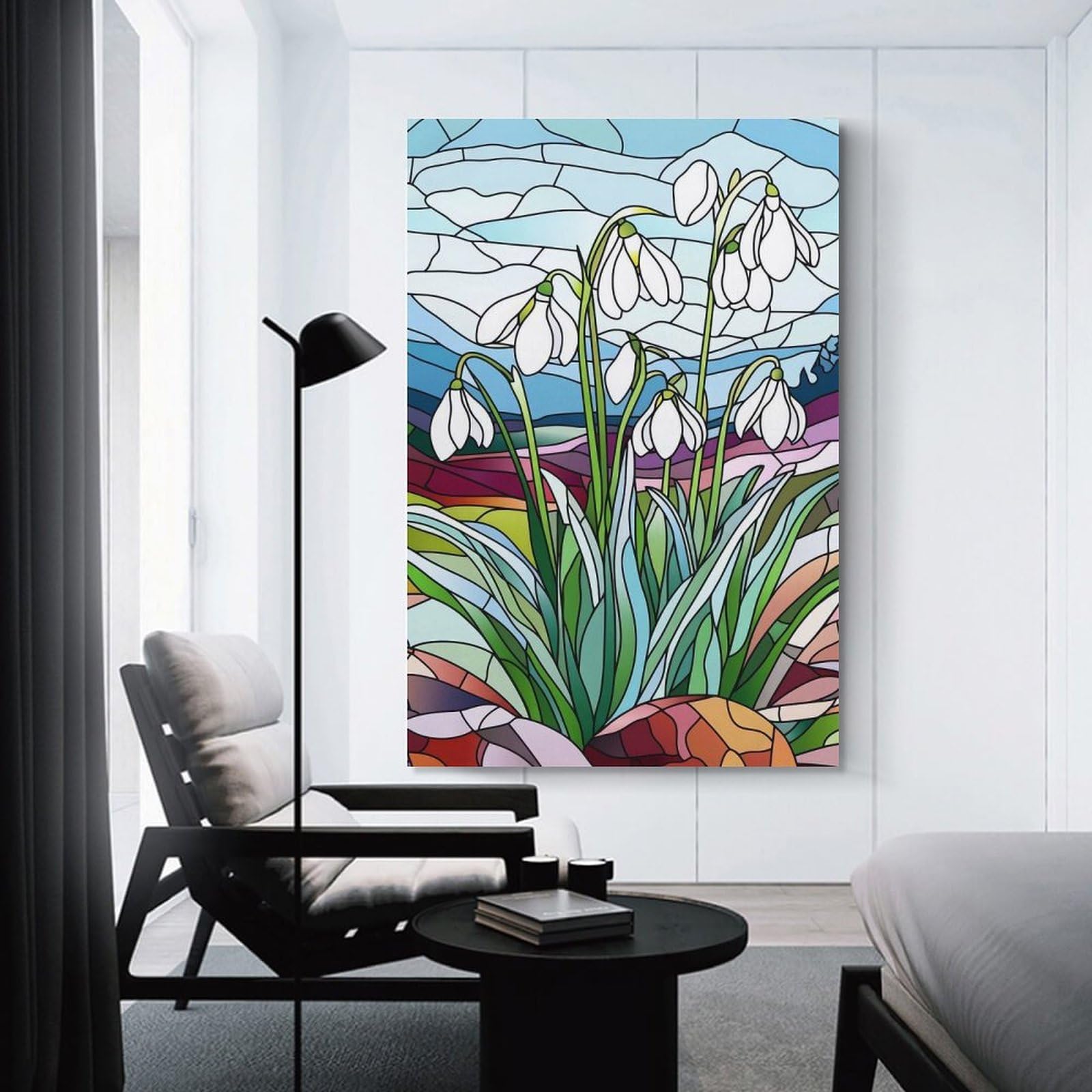 Junmoney Stained Glass Snowdrops Wall Picture Print, 20x30inch(50x75cm), for Home Office, Desk Area Or Studio, Decorative Artwork for Productive Spaces