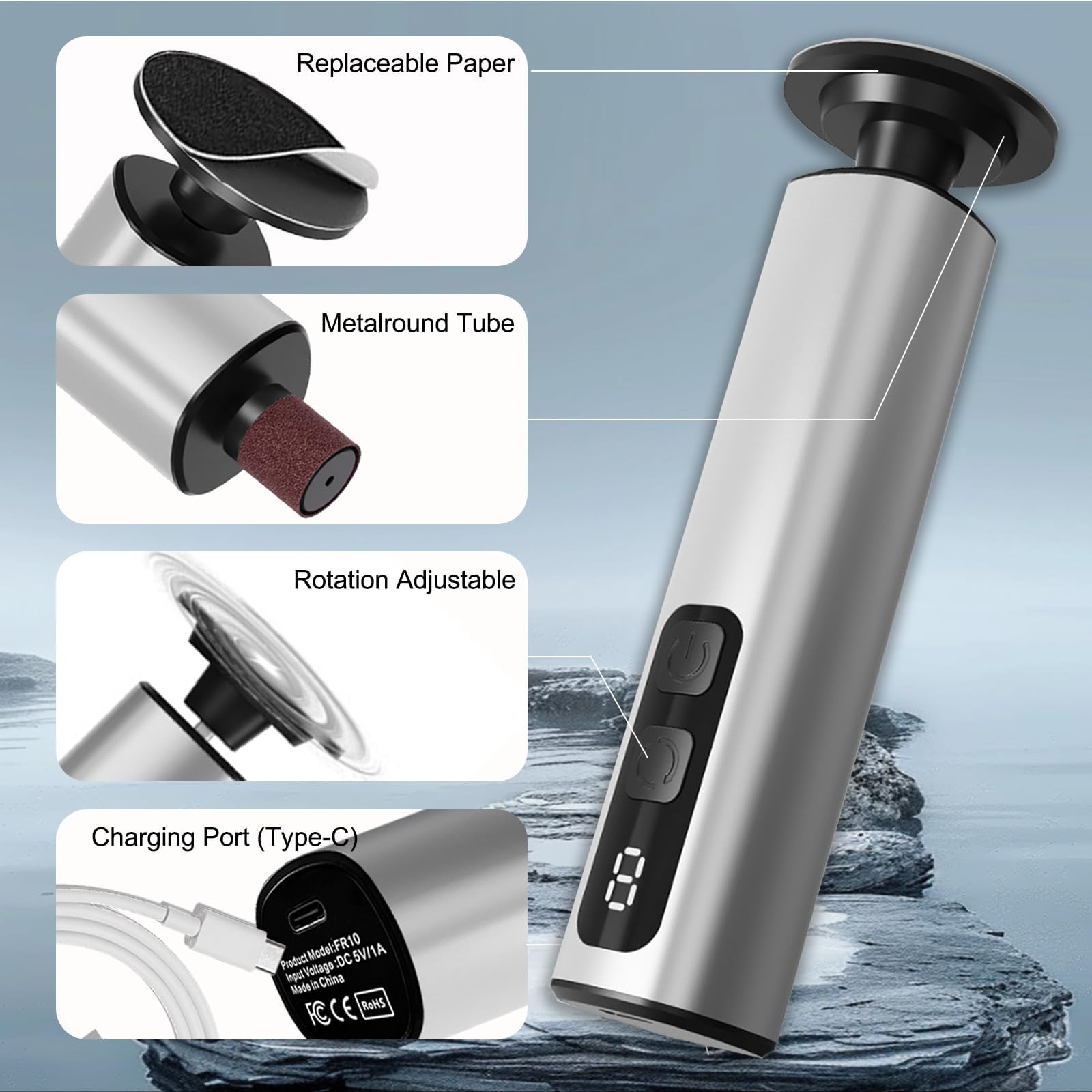 Removedor eléctrico de callos para pies, recargable de 1800 mAh, herramienta de pedicura de 500 RPM con par de torsión de 3,5 kg, lima de pies ultra silenciosa de 68 dB para una piel suave (gris)