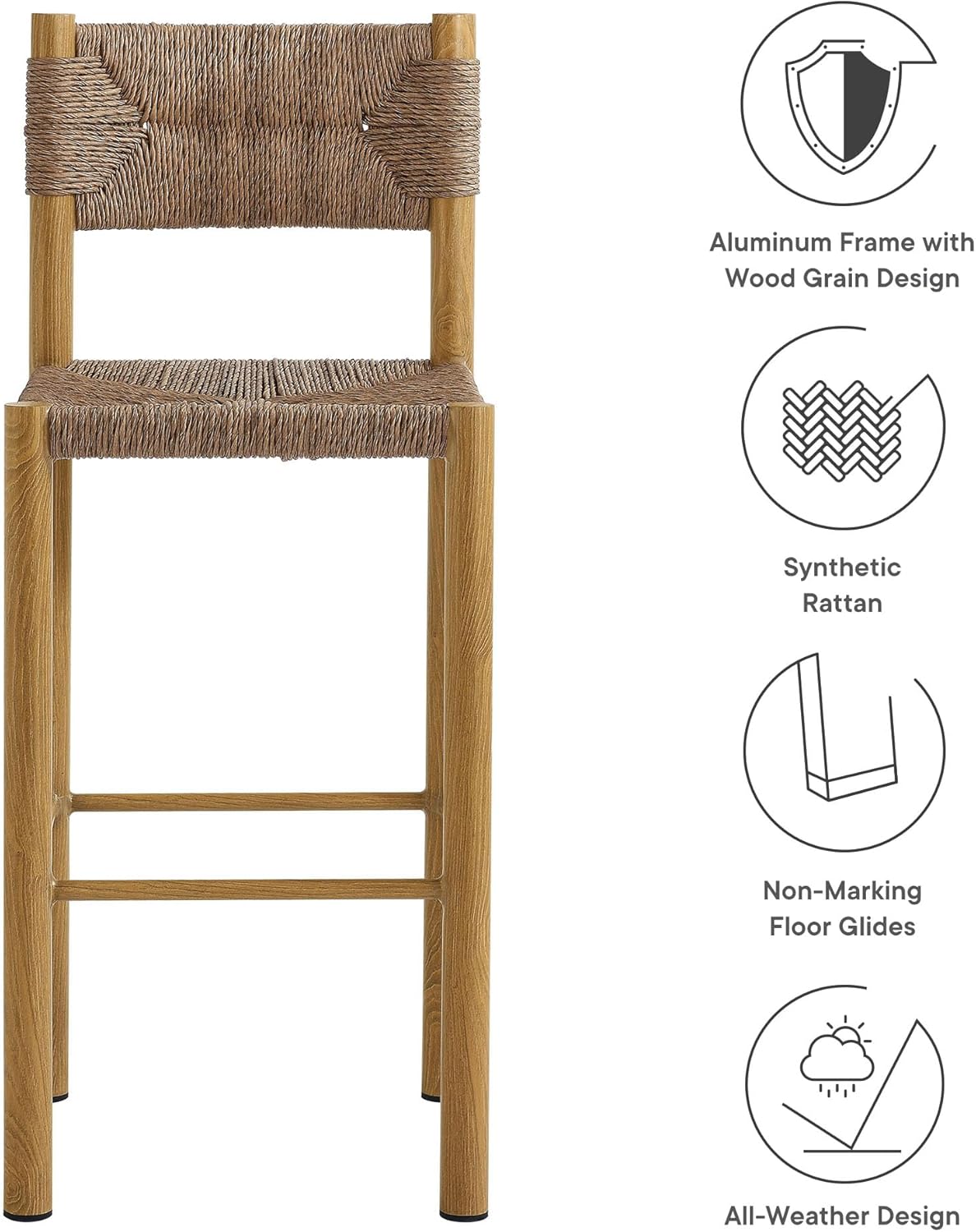 Modway Parkland Outdoor Wicker Bar Stools Set of 2 in Natural — Bar Height Rattan Patio Stools with Backrest — All-Weather Outdoor Accent Stools for Backyard, Porch, or Balcony