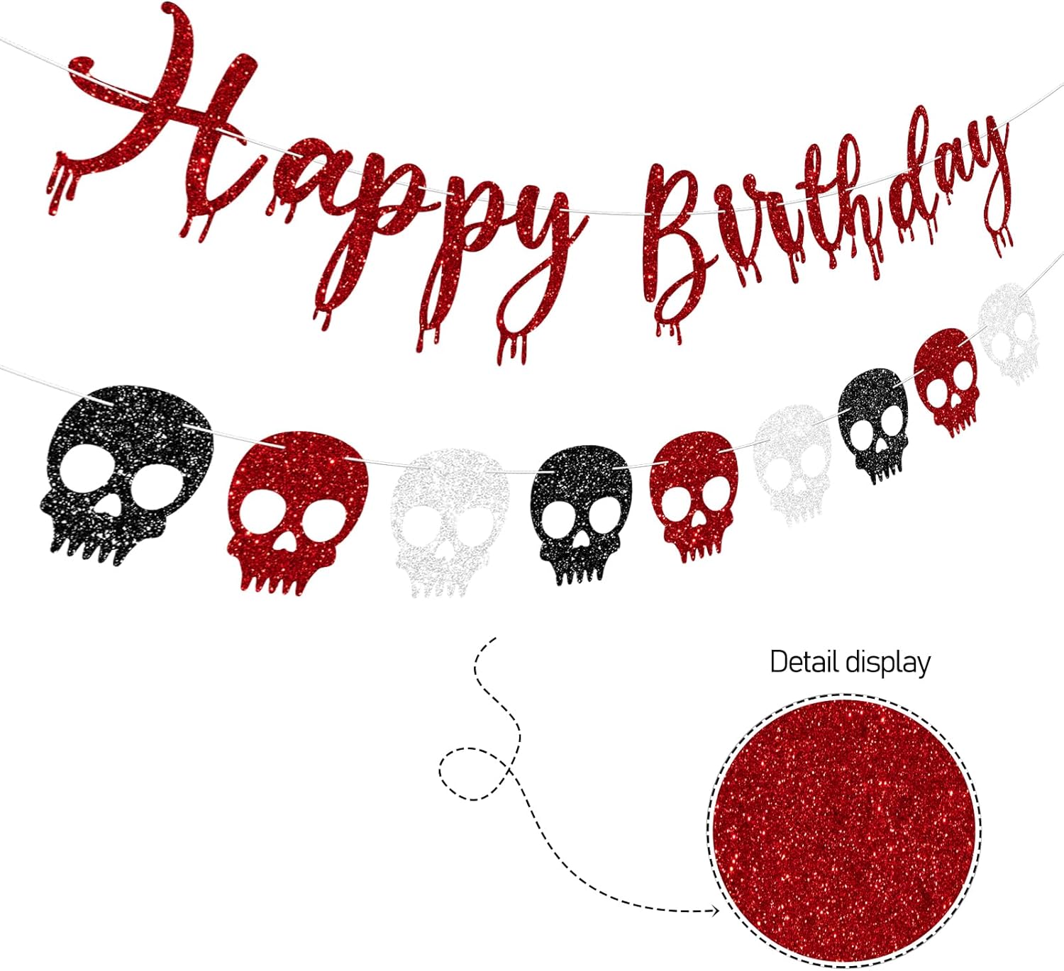 Red Glitter Skull Halloween Happy Birthday Banner with Blood Drop Skull Garland Banners for Horror Halloween Birthday Party Decorations - Image 5