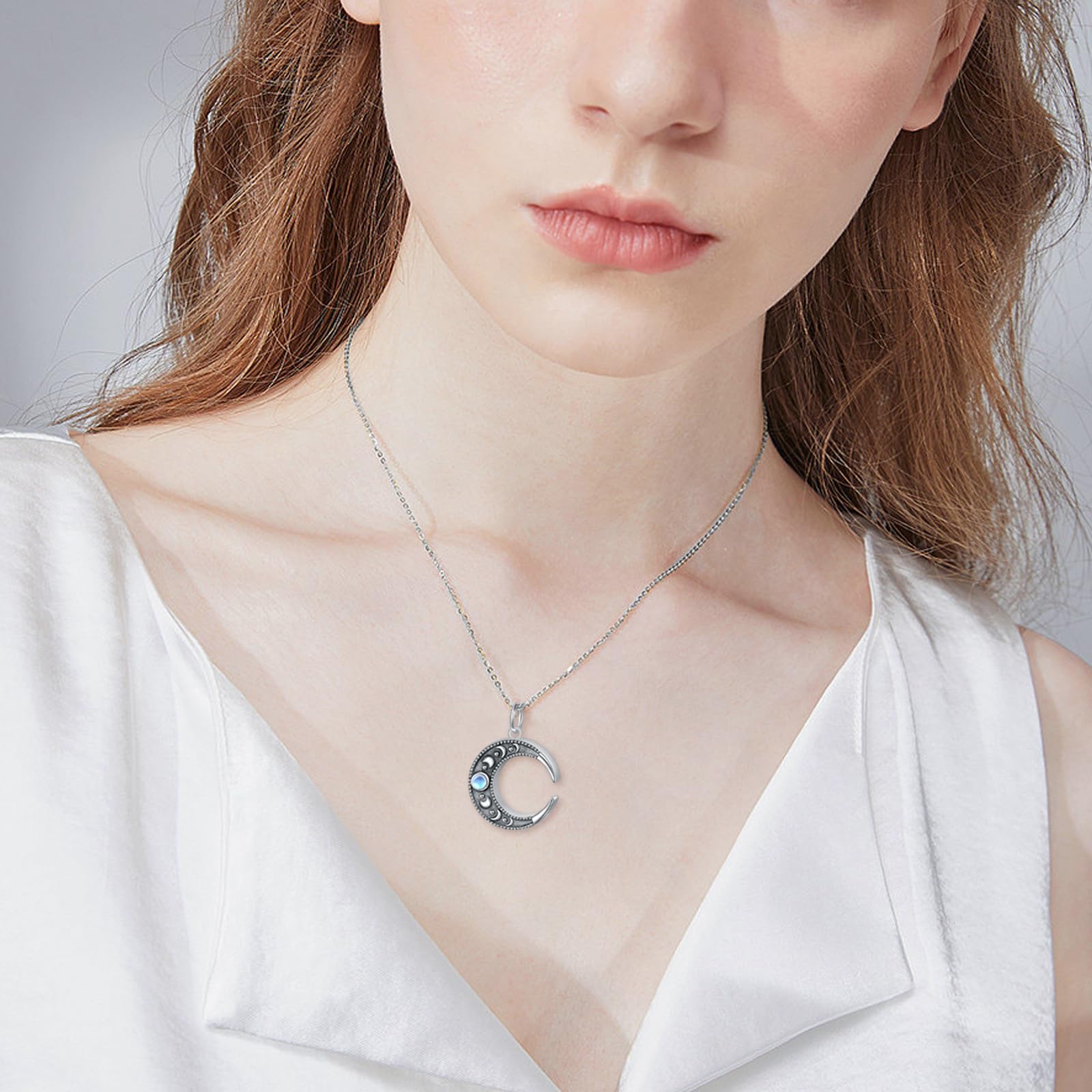 Mondstein Urn Halskette für Asche 925 Sterling Silber überzogene Halbmond Phase Halskette Mond Phase Charm Kreis Mond Anhänger Halskette für Frauen Mond Schmuck Asche Andenken Anhänger Memorial