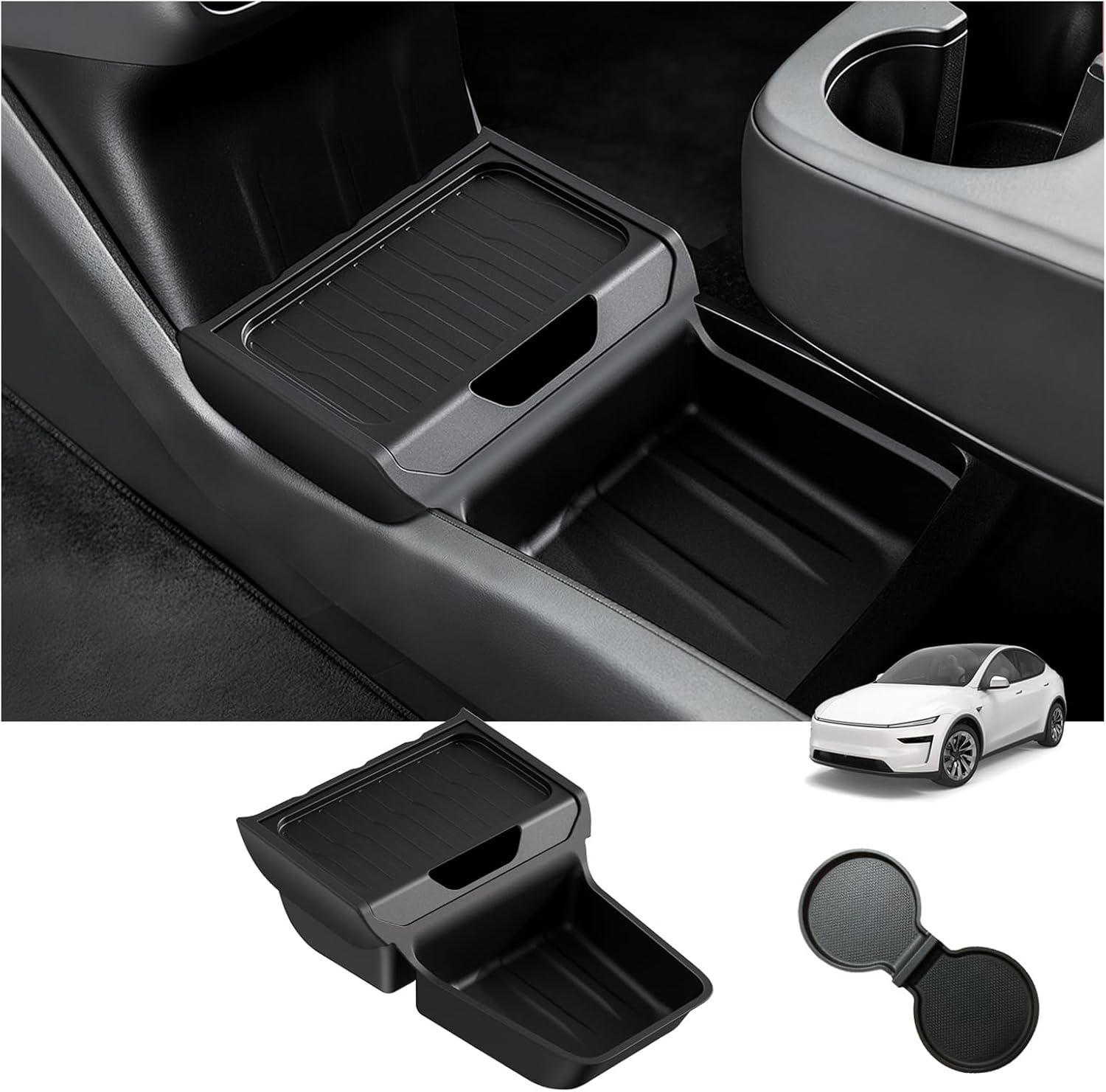 Lower Center Console Organizer for Tesla Model Y Standard 2025+, No More Digging in a Deep Console, Insert Tray with Easy-Open Lid, Dual-Layer with Quick Access & Deep Storage, TPE, 2PCS,Black