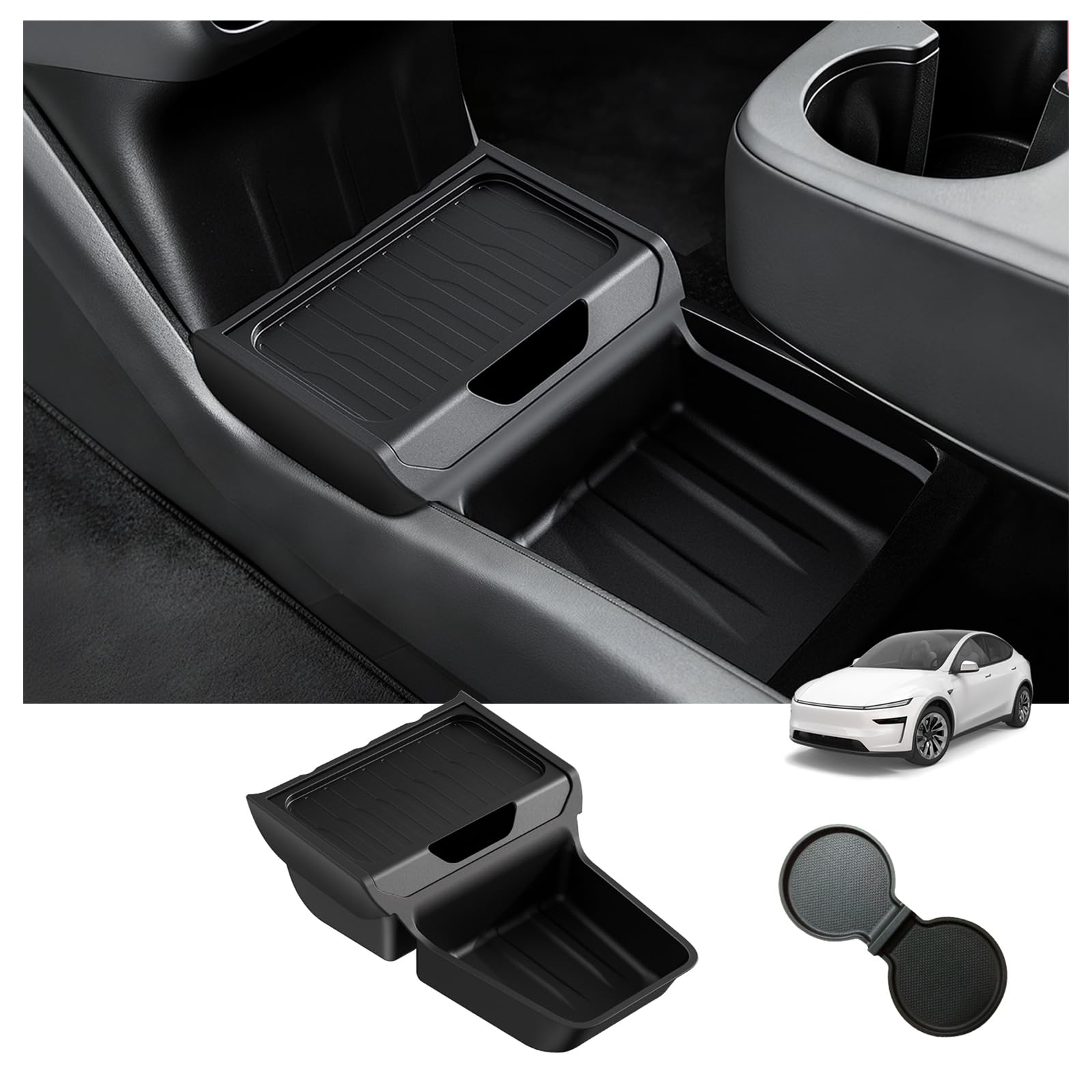 Photo 1 of Jicxv Center Console Organizer with Cup Holder for Tesla Model Y Juniper Standard Version 2025+,Insert Tray with Easy-Open Lid, Dual-Layer with Quick Access & Deep Storage, Easy Install & Removable